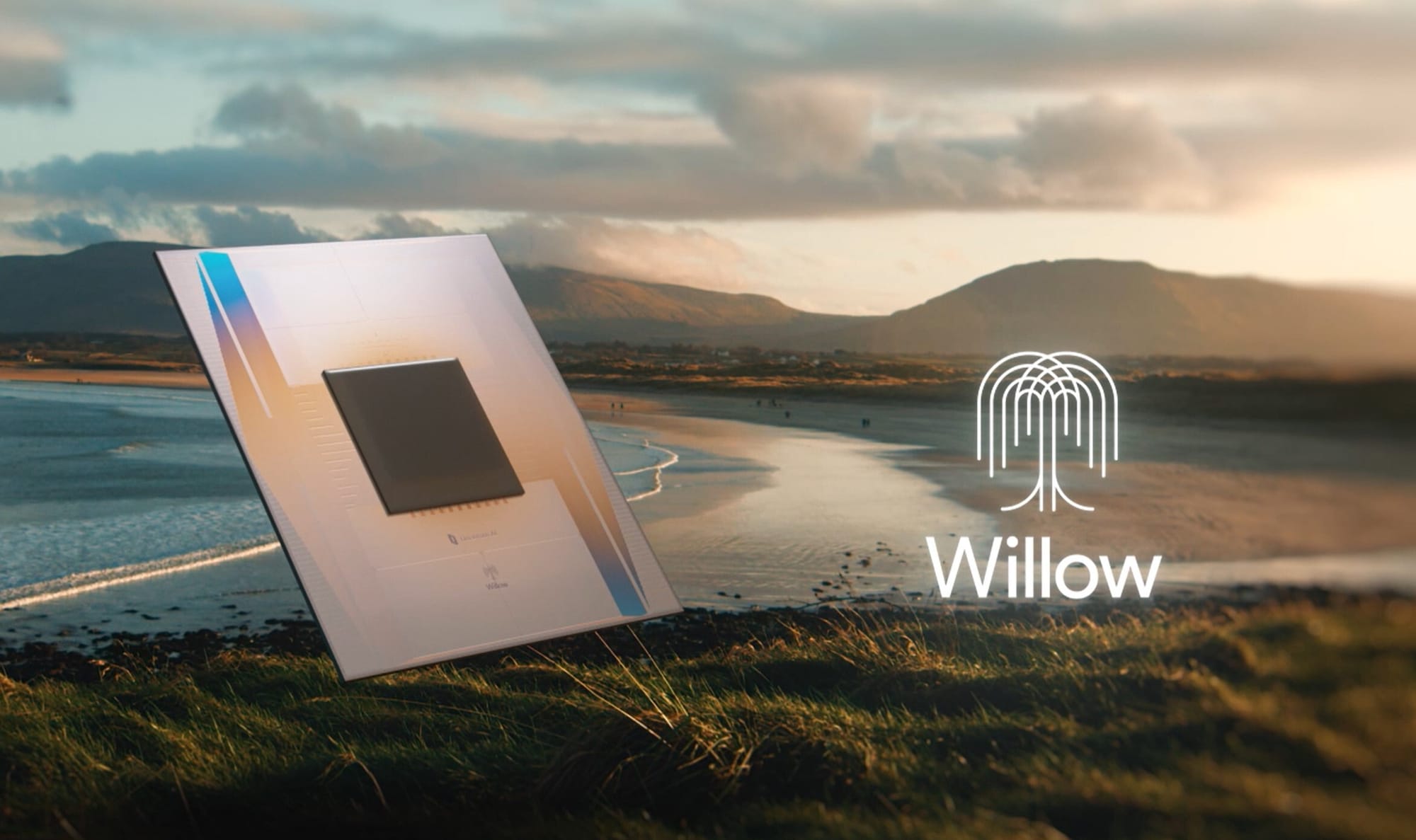 Google Willow chip with icon and name; beach and hills in the background