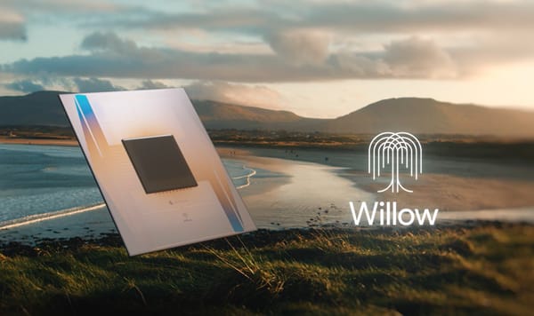 Google Willow chip with icon and name; beach and hills in the background